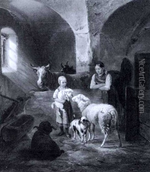 Tierfamilie In Einem Stall Oil Painting - Benno Raffael Adam