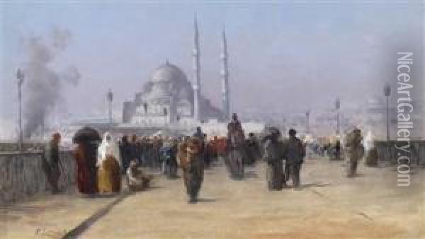 Hustle And Bustle On The Galata Bridge In Constantinople Oil Painting - Fausto Zonaro