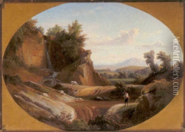 Wanderer Am Bachufer, Vor Einer Weiten Landschaft Oil Painting - Johann Georg Gmelin