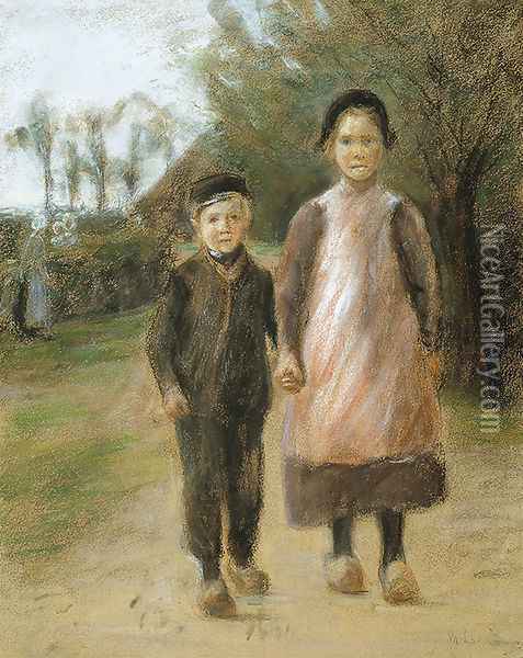 Boy and Girl on a Village Street Oil Painting - Max Liebermann