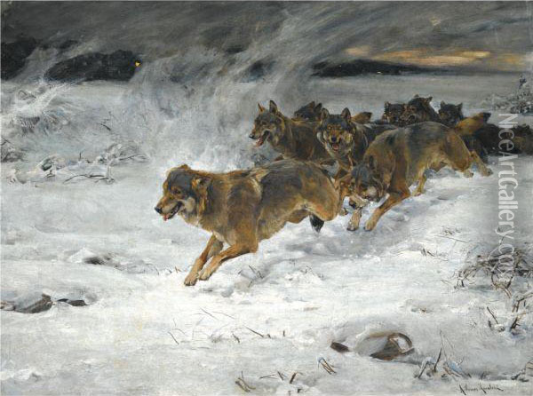 A Pack Of Wolves Oil Painting - Alfred Wierusz-Kowalski