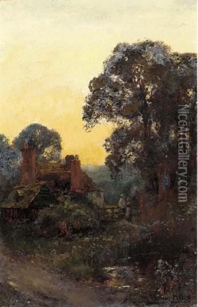 Figures By A Cottage At Sunset Oil Painting - Henry John Yeend King