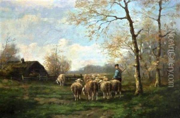 A Shepherd With His Flock Oil Painting - Adriaan Marinus Geijp