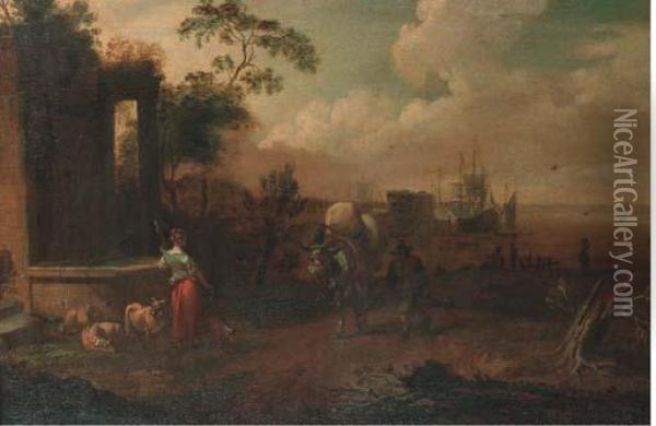 A Shepherdess And A Muleteer By A Wall, A Harbour Beyond Oil Painting - Michiel Carre
