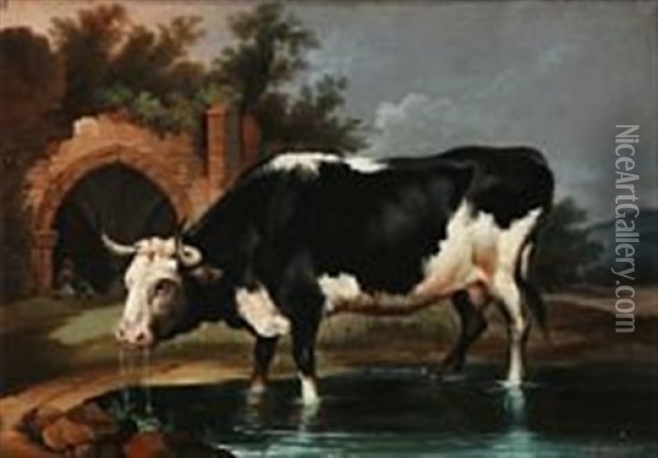 A Bull At A Lake Oil Painting - Antonio Cortes Cordero