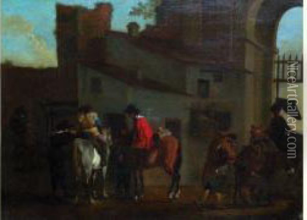  Cavaliers Dans Une Cour D'auberge  Oil Painting - Pieter Van Laer (BAMBOCCIO)