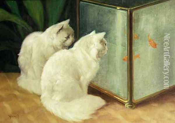 White Cats Watching Goldfish Oil Painting - Arthur Heyer