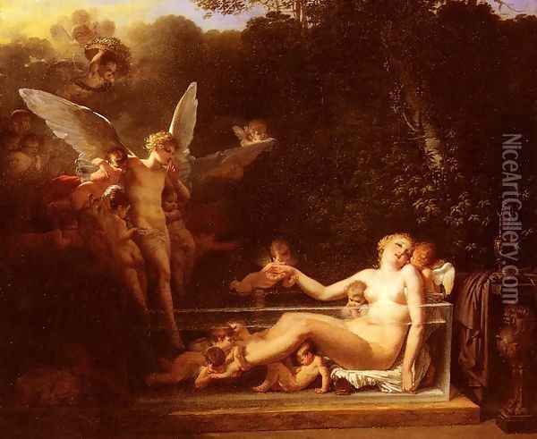 Une Nymphe Au Bain, Environnee D'Amours (A Nymph at Bath, Surrounded by Cupids) Oil Painting - Jean-Baptiste Mallet