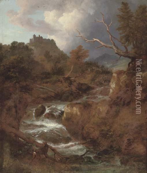 A Mountainous Wooded River Landscape With A Stag By A Waterfall, Bentheim Castle Beyond Oil Painting - Jacob Van Ruisdael