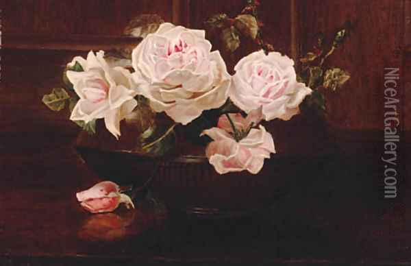 Roses in a bowl on a table Oil Painting - Henrietta de Longchamp