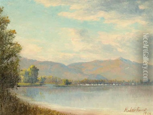 Untitled - B.c. Lake With Town In The Distance Oil Painting - Henry J. Deforest