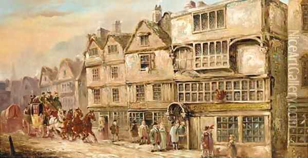 A coach and four outside the Cock Tavern, Bishopsgate Street Oil Painting - John Charles Maggs