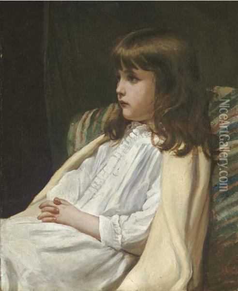 Portrait Of A Girl, Seated Three-quarter Length, In A White Dress Oil Painting - Blanche F MacArthur