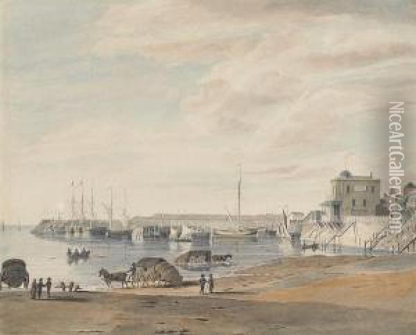 Margate, Kent From The Bathing 
Place, Showing Garner's Circulating Library In The Distance Oil Painting - George Sidney Shepherd