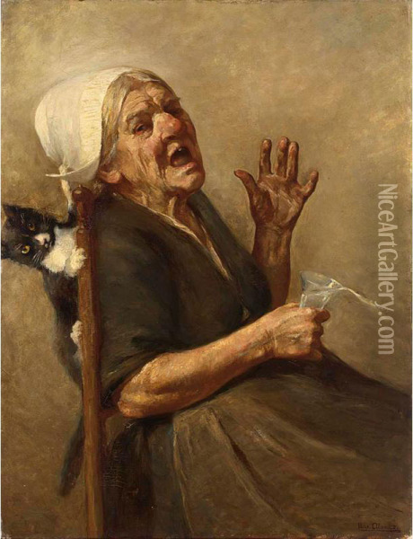 An Elderly Lady Frightened By A Cat Oil Painting - Max Alexander Alandt