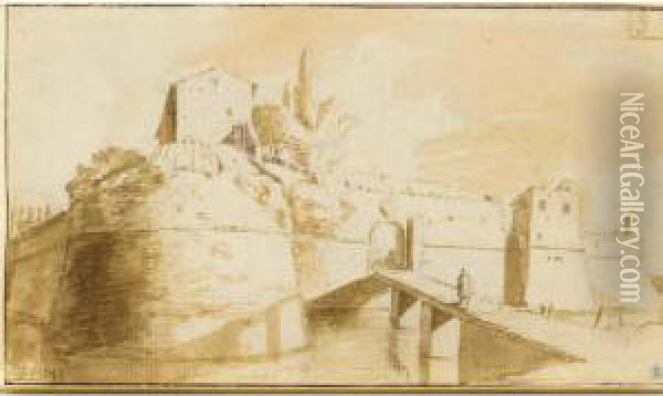 The Castle Of Bracciano, With A Figure Walking Towards The Entrance Oil Painting - Bartholomeus Breenbergh