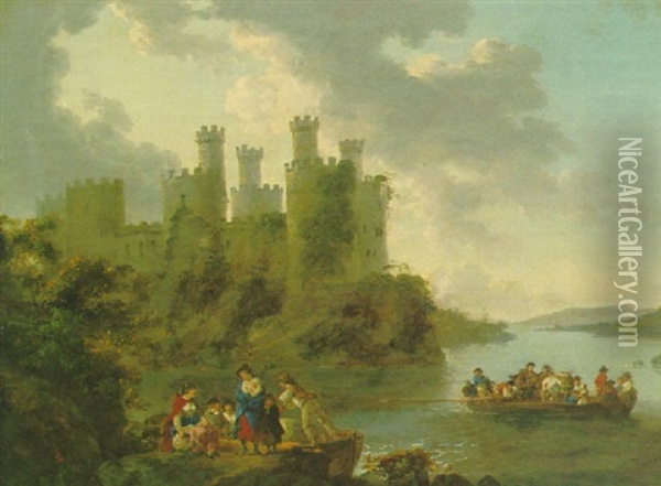 Conwy Castle With Figures And A Ferry In The Foreground Oil Painting - Julius Caesar Ibbetson