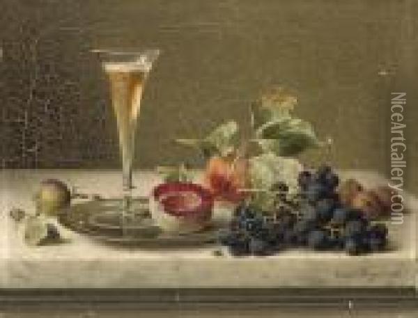 A Flute Of Champagne, Fruits And Nuts On A Silver Platter Oil Painting - Emilie Preyer