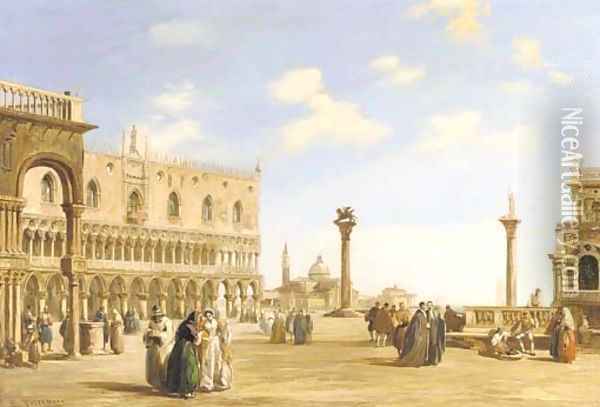 A crowd of spectators near the Doge's Palace looking east to the Church of San Giorgio Maggiore, Venice Oil Painting - Edward Pritchett