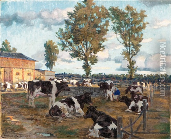 Milking Cows In Mecklenburg Oil Painting - Ferdinand Schebek