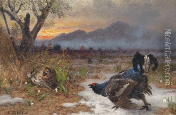 Birkhahnbalz In Der Morgendammerung Oil Painting - Eduard Gehbe