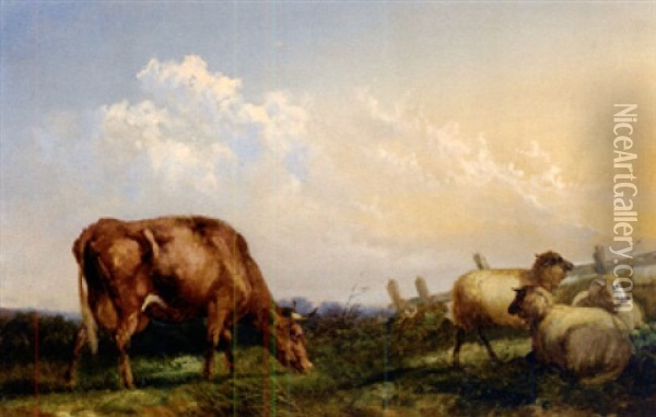 Weidelandschaft Mit Kuh Und Schafen Neben Gatter Oil Painting - Robert Payton Reid