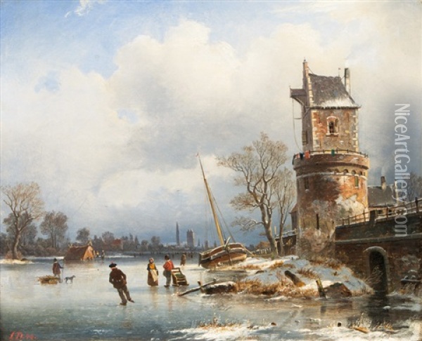 Frozen River With Panoramic View Of A Town Oil Painting - Johannes Bartholomaeus Duntze