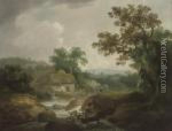 A Wooded River Landscape, 
Traditionally Identified As Cumberland, With Figures By A Mill, A Town 
Beyond Oil Painting - John Rathbone