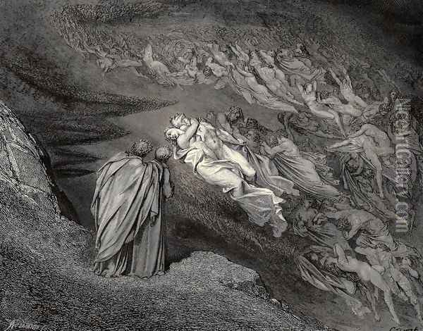 The Inferno, Canto 5, lines 105-106: 'Love brought us to one death: Caina waits The soul, who spilt our life.' Oil Painting - Gustave Dore