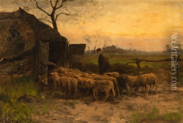 Sheep With Shepherd By The Pen Oil Painting - Fedor Van Kregten