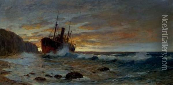 A Cargo Ship Aground Oil Painting - Fred Pansing