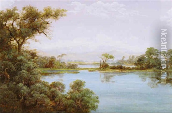 Man Fishing On A Lake Oil Painting - Isaac Whitehead