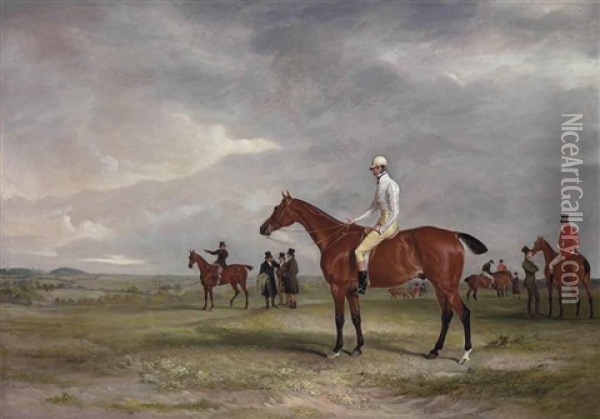 Clinker With Captain Horatio Ross Up, Radical With Captain Douglas Up And Other Horses Beyond Oil Painting - John E. Ferneley