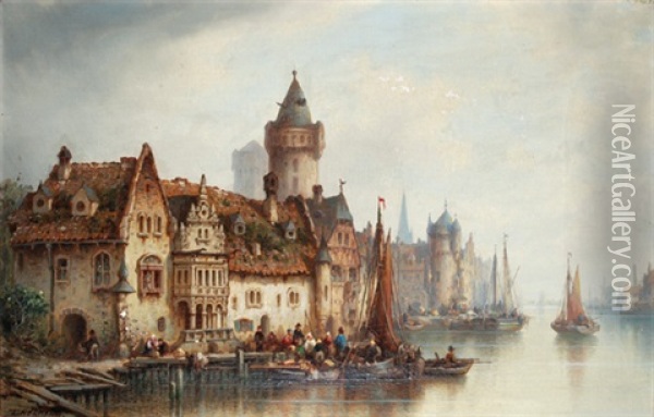 Dorf Am Fluss Oil Painting - Ludwig Hermann