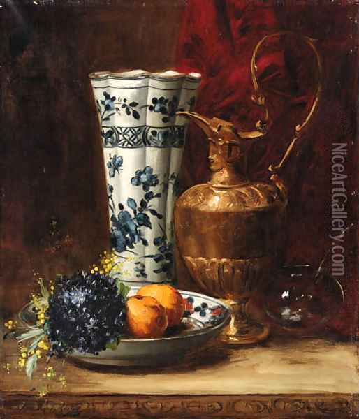 A bowl of oranges and violets with a ewer and a vase Oil Painting - Dominique-Hubert Rozier