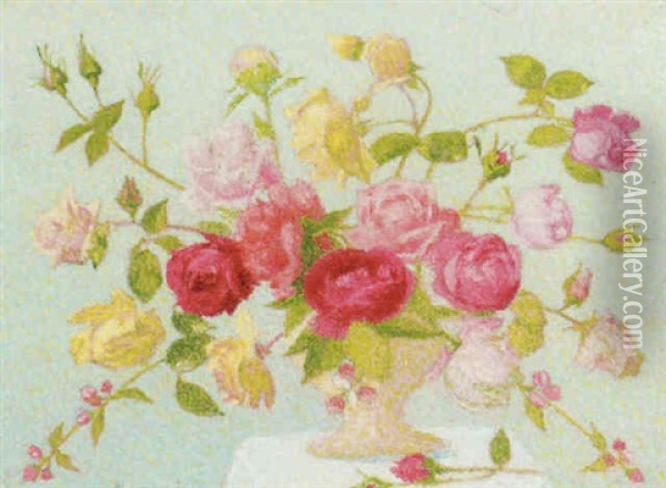 A Vase Of Mixed Roses Oil Painting - Achille Lauge