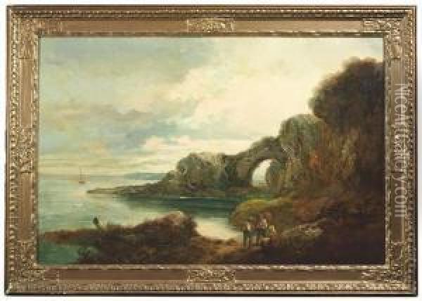 Coastal Landscape With Peasants Talking. Oil/canvas/panel, Signed Oil Painting - John Joseph Barker Of Bath