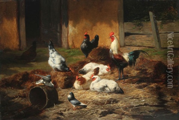 Barnyard With Chickens And Pigeons Oil Painting - Eugene Remy Maes