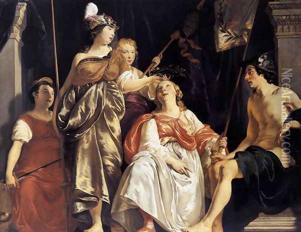 Minerva Crowns the Maid of Leiden 1650 Oil Painting - Abraham van den Tempel
