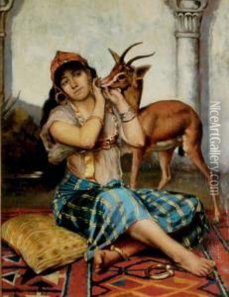 Young Girl With A Deer Oil Painting - Jan Baptist Huysmans