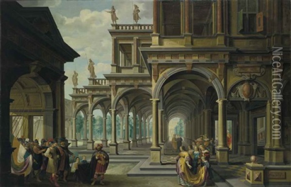 An Architectural Capriccio With Jephthah And His Daughter Oil Painting - Dirck Van Delen