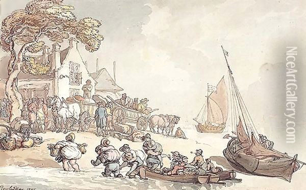 Figures Unloading Fishing Boats On The Shore Oil Painting - Thomas Rowlandson
