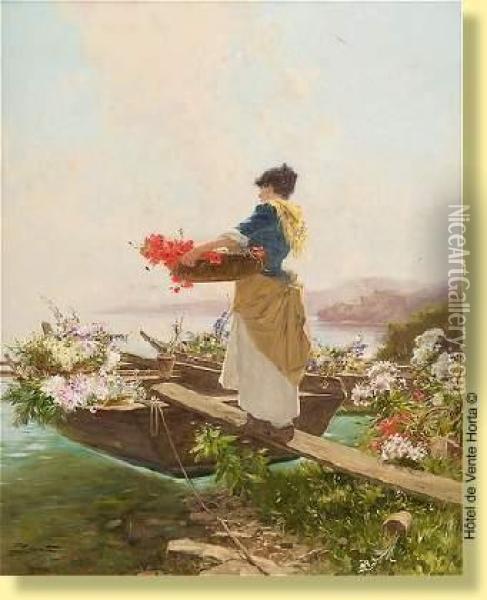 Fleuriste Chargeant Sa Barque Oil Painting - Edouard Menta