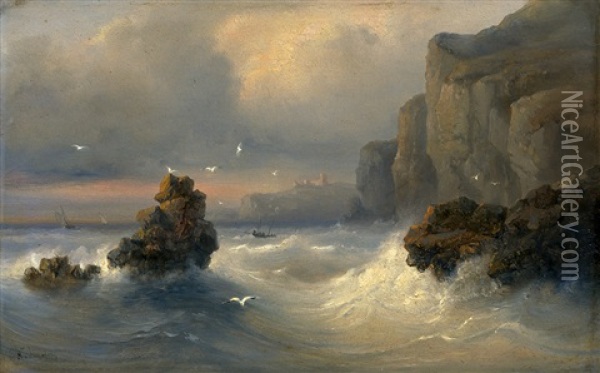 Sturmische See Vor Einer Felsenkuste Oil Painting - Jean-Marie-Auguste Jugelet