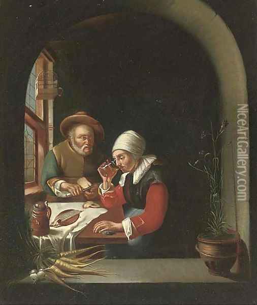 A couple eating and drinking at a casement Oil Painting - Gerrit Dou
