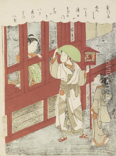 A Courtesan Speaking With A Young Man Oil Painting - Suzuki Harunobu