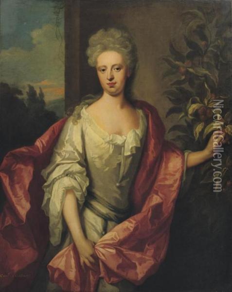 Portrait Of A Lady, Said To Be 
The Countess Of Gallway,three-quarter-length, In A White Dress And Red 
Wrap, Standing Infront Of A Wall Picking Fruit, A Landscape Beyond Oil Painting - Michael Dahl
