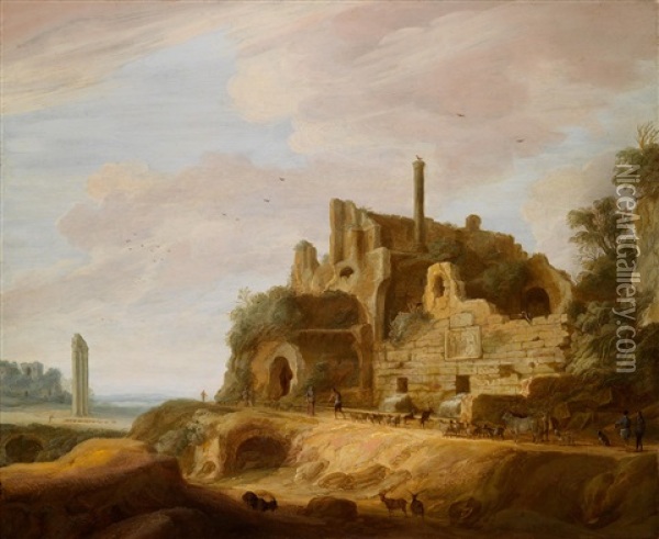 Ein Hirte Mit Seiner Herde Vor Antiken Ruinen Oil Painting - Pieter Anthonisz van Groenewegen