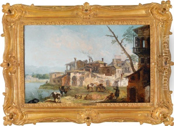 Capriccio Mit Einem An Einem Fluss Gelegenen Dorf, Im Vordergrund Pferde Oil Painting - Michele Marieschi