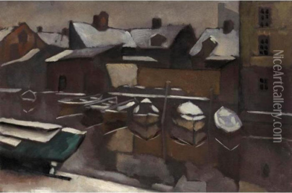 Roofs And Boats, Norway Oil Painting - Vladimir Baranoff-Rossine
